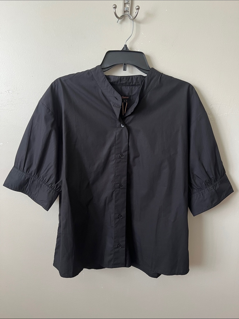 NWT Quince Cotton Poplin Puff Sleeve Button Front Band Collar Blouse Black Large - Picture 1 of 8